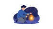 © adi - Man holding a lantern and sparkler under a sky of fireworks