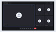 © 24 std - Video conference application interface template with user avatar grid placeholders, chat options, and calling control buttons. Dark UI software screen mockup for online team meetings. Vector UI, UX.