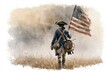 © morepiixel - A lone Revolutionary War soldier walks through a field carrying a drum and a tattered American flag with a smoky, muted background.
