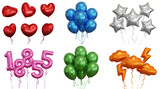 Realistic Metallic Balloon Sets Collection with Hearts Stars and Numbers on Transparent Background