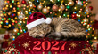© Mahadi - Tabby cat wearing a Santa hat sleeping on a red velvet pillow with the year 2027 printed
