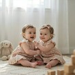 © maite - Dos adorables gemelas o bebés sonrientes vestidos con vestidos similares jugando juntos en una habitación luminosa