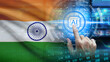 © le - India's artificial intelligence business growth and national digital AI infrastructure investment, featuring a person touching a glowing electronic microchip processor graphic displaying the text 'AI'