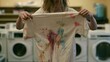 © tashechka - Child shows a shirt covered in paint stains while standing in a laundry room with washing machines