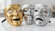 © mihrzn - Three theatrical masks representing comedy, tragedy, and neutrality sit side by side on a reflective surface, symbolizing the duality of human expression.