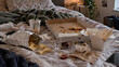 © Anzhelika - Takeout food and snacks cover an unmade bed after binge eating. Empty boxes, wrappers, and a drink cup show a private bedroom scene. Compulsive overeating concept.