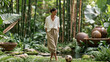 © Premium_art - Young Asian woman in casual attire exploring a serene garden setting.