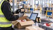 © Cantarela - Warehouse employee checking returned headphones against a digital return record, illustrating ecommerce reverse logistics, product verification, customer returns and inventory processing workflow