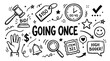 © Crushin - Hand drawn doodle auction elements with gavel, price tag, clock and going once text