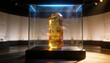 © Future Vision - Glowing faceted amber crystal column holding green sprig, sitting in museum glass cube on pedestal
