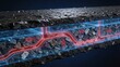 © petrovk - Cross section of wet asphalt road layers with stones, glowing blue grid and red flow arrows, concept of drainage, heat flow and smart road infrastructure