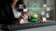 © InfiniteFlow - Person Using Keyboard to Make Online Payment Confirmation with Success Notification and Various Finance Icons in a Modern Digital Environment. Glyphic.