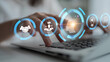 © InfiniteFlow - A close-up view of hands typing on a laptop, surrounded by digital icons depicting networking, creativity, and innovation for professionals in various fields. Nascent