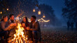 © Marina - Friends gathering around a campfire enjoying drinks at night