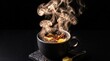 © Лёва Соловейчик - Steaming cup of hot ginger tea with cinnamon on a black background. Spicy aromatic drink for winter season. Concept of cozy hygge evening, relaxation and warmth in cold weather.
