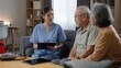 © Father_Studio - Professional Asian female nurse listening attentively to senior couple sitting on couch, holding medical chart during home healthcare visit in living room.