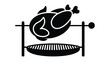 © RIFAT - Black silhouette of rotisserie chicken on a grill, roasted poultry, barbecue cooking, grilled food, outdoor kitchen, restaurant menu, and vector illustration.