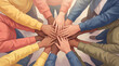 © Luz - A digital illustration of a diverse group of people stacking their hands together, symbolizing unity, collaboration, teamwork, and social inclusivity.