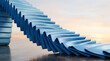 © Sky - 3D render of a cobalt blue-to-mint green gradient pleated ribbon curled into a circular torus wreath, close-up macro shot, against a warm sunset horizon, with crisp specular reflections