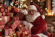 © lashkhidzetim - Santa Claus smiles warmly beside a pile of wrapped gifts. Soft lights glow behind him, creating a cozy atmosphere. His joyful expression radiates holiday cheer and generosity