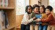 © Alva - Group of diverse young children smiling and hugging a book in a library.
