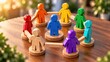 © Alamin - Circle of wooden figures holding hands around blue leader represents team unity and collaborative networking.