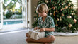 © Katerina - Child opening a christmas present beside a decorated tree in a bright tropical home
