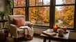 © MD - Cozy reading corner by window overlooking autumn forest with comfortable armchair blanket open book mug and candle on wooden table for relaxation.