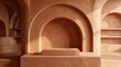 © Bunlong - A beige and brown stone room with arches and shelves, featuring a beige and brown stone podium in the center.