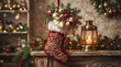 © Abdulhadi - Red and Gold Christmas Stocking Hanging on MantelpieceFestive Stocking Filled with Greenery and OrnamentsCozy Christmas Mantel with Stocking and LanternTraditional Holiday Stocking Decoration with