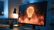 © Studio Nova - Computer monitor displaying a glowing wireframe lightbulb on a dark office desk with desk lamp and stationery