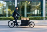 Kurier jedzie nowoczesnym elektrycznym rowerem towarowym (cargo bike) wzdłuż przeszklonej fasady biurowca. W przedniej skrzyni roweru widać papierowe torby cateringowe z ekologicznego papieru