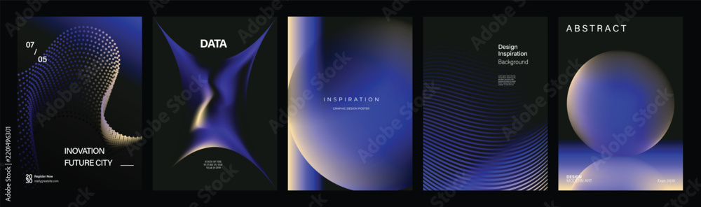 Dark blue futuristic vector poster collection with glowing gradients ...