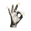 © venuspng - Retro halftone sticker of hand showing ok gesture with yellow dynamic motion lines for fun vintage digital collage designs
