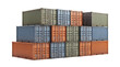 © Rana - Industrial shipping containers stacked in a cargo pile, colorful metal freight containers for global logistics, heavy duty steel transport boxes isolated PNG with Transparent Background