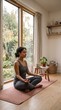 © ForAll - Young woman meditating peacefully in lotus pose on yoga mat by large window with garden view
