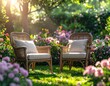 © Inul - Two wicker chairs with cushions sit in a lush garden bathed in sunlight.