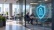 © abusuhail - Glowing digital security shield on a glass wall in a modern corporate office depicting enterprise data privacy and workplace cybersecurity