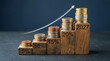 © CreativeFrame - Staircase of wooden blocks with coins and percentages showing financial growth