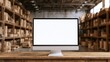 © OngCaLucK - Modern Desktop Computer Displaying Blank Screen in Warehouse Environment Surrounded by Shelves Packed with Cardboard Boxes and Products