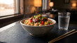 © CreativeLens - Fresh bowl of chifa fried rice with savory meat and vegetables served in a restaurant with water