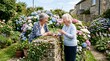© Bruno Stock - Two elderly women happily chatting in a vibrant garden filled with blooming hydrangeas and roses