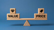 © MdSaddam - Wooden balance scale comparing value and price with icons against blue background