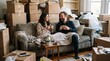© Thumbs - Couple resting on sofa surrounded by moving boxes