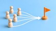 © Dra - Teamwork goal alignment concept with wooden figures connected by lines pointing towards orange flag