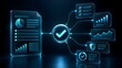 © AF Studio - Digital workflow and data analysis concept with glowing checkmark and connected interface elements showing charts graphs and security shield
