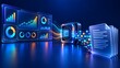 © AF Studio - Digital data processing and analysis with glowing futuristic interface and central processor unit transferring information to document files
