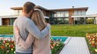 © StocksJust4You - Happy couple embracing while standing rear view before their large modern house, celebrating homeownership, dream property purchase