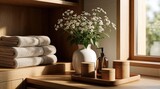 Cozy bathroom interior with white flowers in vase on wooden shelf. Stacked beige towels, organic skincare bottles on tray near window. Natural sunlight fills modern spa nook with calm wellness vibe,