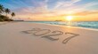© Razib Ahmed  - Year 2027 written in the sand on a tropical beach at sunset with tropical vacation peaceful relaxing paradise